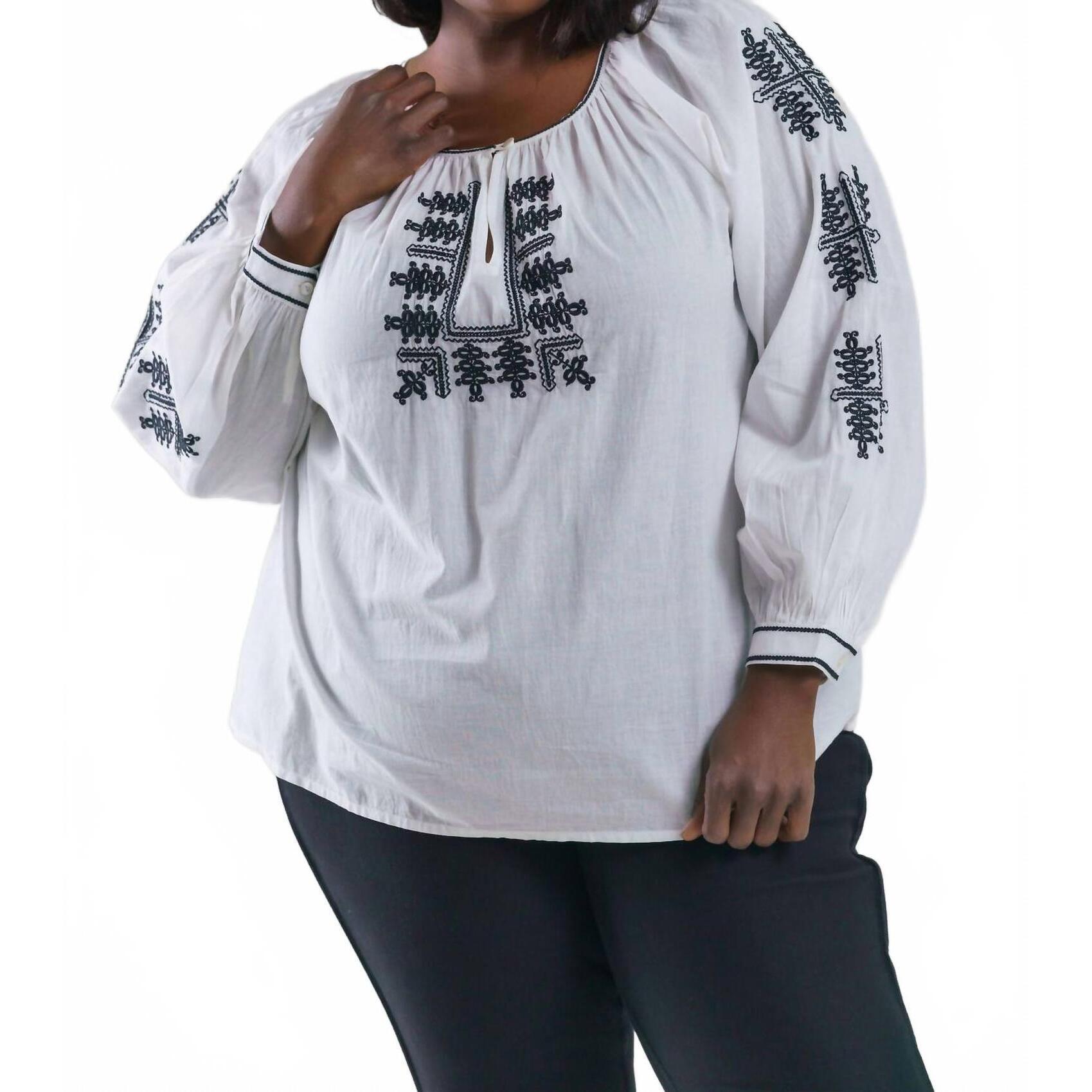 New Karen Kane Cotton Embroidered Long Sleeve Peasant Top - Plus In Cream